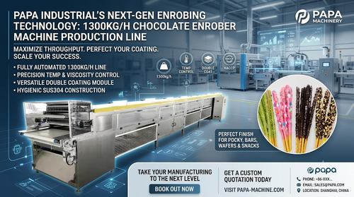 Последние новости компании о Papa Industrial Launches High-Capacity 1300kg/h Double Coating Chocolate Enrober Machine Line